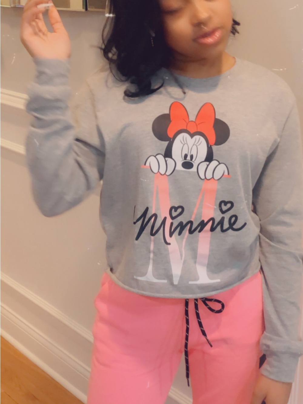 Disney Minnie Gray Long Sleeve Tee with Pink Accent